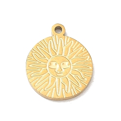 Golden 304 Edelstahl Reize, flache runde Anhänger mit Sonnengesicht, golden, 14x12x1.5 mm, Bohrung: 1.2 mm