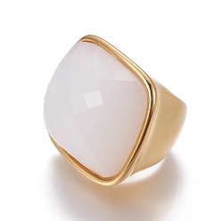 Creme-weiß Ionenbeschichtung (IP) 304 Edelstahl-Fingerringe, Mit facettiertem glas, golden, creme-weiß, Größe 6~9, 16~19 mm