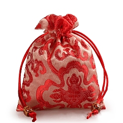 Red Rectangle Cloth Flower Printed Drawstring Gift Bags, Storage Bags, Red, 14x11cm