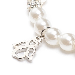 Angel & Fairy ABS Plastic Imitation Pearl  & Rhinestone Beaded Stretch Bracelet with Alloy Charm for Women, White, Fairy Pattern, Pendant: 17x14x1.5mm, Inner Diameter: 2-1/8 inch(5.3cm)