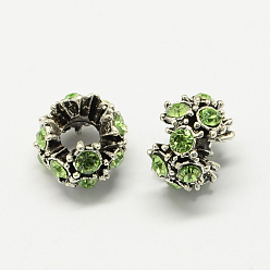 Перидот Европейские бусины, сплав, стразы , цветочные большое отверстие бусы, античное серебро, перидот, 12x8 мм, отверстие : 5 мм