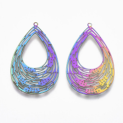 Rainbow Color Ion Plating(IP) 201 Stainless Steel Filigree Pendants, Etched Metal Embellishments, Teardrop, Rainbow Color, 35.5x21.5x0.4mm, Hole: 1.2mm