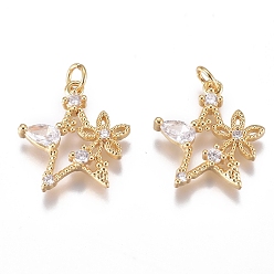 Золотой Латунные микро проложить кубического циркония подвески, долговечный, с целью перехода в кольце, звезды с цветком, прозрачные, золотые, 16x15x3 мм, отверстие : 1.5 мм