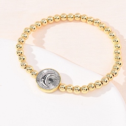 Настоящее золото 18K Латунные круглые бусины эластичные браслеты для женщин, плоские круглые с луной, реальный 18 k позолоченный, бусины : 14.5 мм, внутренний диаметр: 2.09 дюйм (5.3 см)