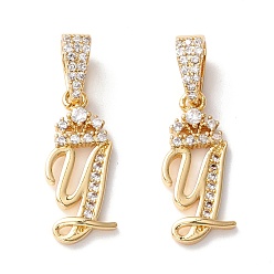 Letter Y Кулоны из экологически чистой латуни с микропаве и кубическим цирконием, долговечный, реальный 18 k позолоченный, без кадмия и без свинца, буквы, letter.y, 16~20x7~11.5x1.5~2.2 мм, отверстие : 6.5x3.5 мм