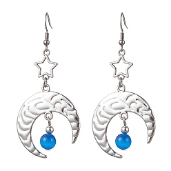 Dodger Blue Antique Silver Alloy Star & Moon Dangle Earrings, with Glass Beads, Dodger Blue, 70.5x32.5mm