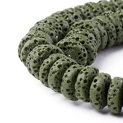 Dark Olive Green Natural Lava Rock Beads Strands, Dyed, Flat Round/Disc, Dark Olive Green, 8~8.5x3~4mm, Hole: 2mm, about 62 pcs/Strand, 7.87 inch(20 cm)