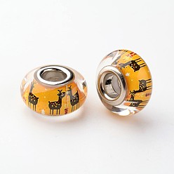 Сэнди Коричневый Большое отверстие Rondelle смолы европейские шарики, с латунными двойными ядрами, платиновый оттенок, Рождество, песчаный коричневый, 14x8 мм, отверстие : 5 мм