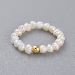 Golden Natural Cultured Freshwater Pearl Finger Rings, with Brass Round Beads and Elastic Crystal Thread, Golden, Size 6, 16mm