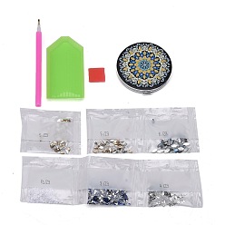 Mixed Color DIY Diamond Painting Stickers Kits For Plastic Mirror Making, with Glass, Resin Rhinestones, Diamond Sticky Pen, Tray Plate and Glue Clay, Flat Round with Mandala Pattern, Mixed Color, 73x70x9mm