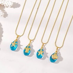 Золотой Подвеска в виде капли из морского сплава и граненого стекла, латунная круглая цепочка-змейка для женщин, глубокое синее небо, разнообразные, золотые, 16.22~16.38 дюйм (41.2~41.6 см)