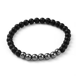 Non-magnetic Hematite Unisex Natural Black Agate(Dyed) Beads Stretch Bracelets, with Non-Magnetic Synthetic Hematite Beads, Round, 2-1/8 inch(5.5cm)