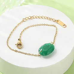 Зеленый 304 из нержавеющей стали ссылка браслеты, золотые цепочки-цепочки для женщин, с бусиной из натурального окрашенного нефрита, ионное покрытие (ip), зелёные, 6-5/8 дюйм (16.7 см)
