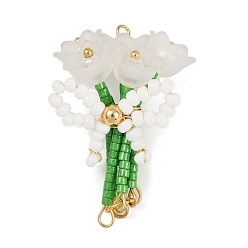 Белый Цветок из стеклянных бусин ручной работы с подвесками-бантиками, с 304 петлей из нержавеющей стали и акрилом, белые, 37.5x27x19 мм, отверстие : 2 мм