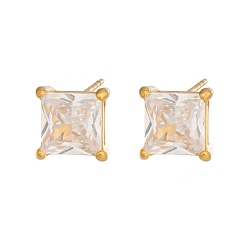 Прозрачный 304 серьги-гвоздики из нержавеющей стали с микропаве из кубического циркония, квадратный, золотые, прозрачные, 9.5x9.5 мм