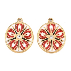 Rot 304 Anhänger aus Edelstahl und Emaille, Oval mit Blume, mit Strass, echt 18 k vergoldet, Ionenbeschichtung (ip), langlebig überzogen, rot, 26x20x3 mm, Bohrung: 1.6 mm