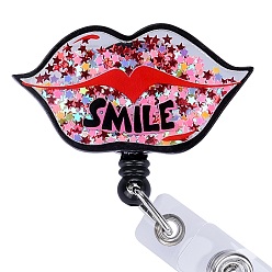 Lip Катушка для значков из акрила и АБС-пластика с эффектом зыбучих песков и блесток, выдвижной держатель для бейджа, губа, 90 мм, губы: 37x69 мм
