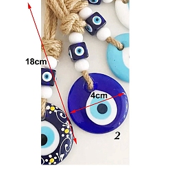 Средно-синий Стеклянная плоская круглая форма с подвесками от сглаза, джутовый шнур, подвесное украшение для автомобиля, светло-синий, 180x40 мм