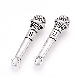 Antique Silver Tibetan Style Alloy Pendants, Microphone, Cadmium Free & Lead Free, Antique Silver, 26x7x5mm, Hole: 2.5mm, about 590pcs/1000g