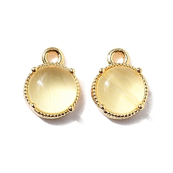 Желтый Плоские круглые латунные подвески, с кошачий глаз, без никеля , реальный 18 k позолоченный, желтые, 9x7x3.5 мм, отверстие : 1.2 мм