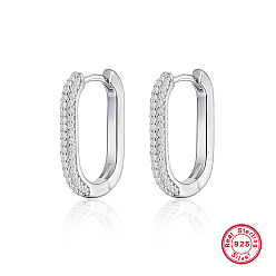 Platinum Oval Rhodium Plated 925 Sterling Silver with Rhinestone Hoop Earrings, with 925 Stamp, Platinum, 21x15mm