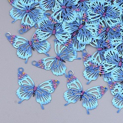 Dodger Blue Printed Brass Pendants, Etched Metal Embellishments, Butterfly, Dodger Blue, 16.5x19x0.3mm, Hole: 1.5mm