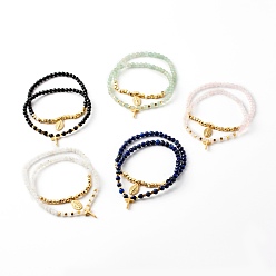 Смешанные камни Наборы браслетов с подвесками из натуральных драгоценных камней, с немагнитными бусинами из синтетического гематита и латуни, крест и овал с девой марией, золотые, внутренний диаметр: 2-1/4 дюйм (5.8 см), 2 шт / комплект