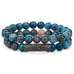 Апатит 2шт 2 набор браслетов из натурального апатита в стиле стрейч, браслеты из кубического циркония из бисера из драгоценных камней для женщин, внутренний диаметр: 2-1/8 дюйм (5.5 см), 1 шт / стиль