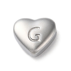 Letter G 201 Stainless Steel Beads, Stainless Steel Color, Heart, Letter G, 7x8x3.5mm, Hole: 1.5mm