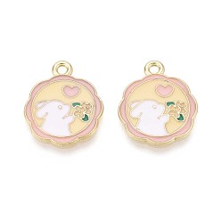 Цветок Подвески из эмали и сплава, золотые, цветок с кроликом, 19x16x1 мм, отверстие : 1.6 мм