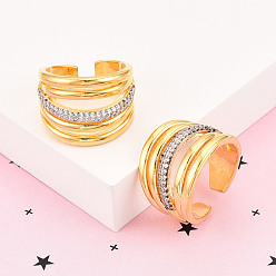 Настоящее золото 18K Латунные кольца-манжеты с микропаве и прозрачным цирконием для женщин, без кадмия и без свинца, реальный 18 k позолоченный, 16~16.5 мм, внутренний диаметр: 18 мм