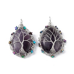 Amethyst Natural Amethyst Big Pendants, Teardrop Charms, with Rack Plating Platinum Plated Copper Wire Tree and Non-magnetic Hematite Star Beads, Cadmium Free & Lead Free, 63~65x39~43x9~11mm, Hole: 6~6.5x4.5~5mm