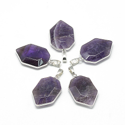 Amethyst Natural Amethyst Pendants, with Brass Findings, Faceted, Nuggets, Platinum, 36x22x7mm, Hole: 4.5x8mm