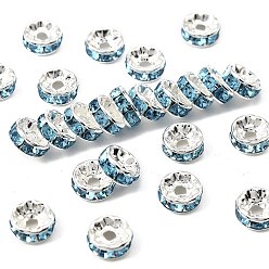 Aquamarine Brass Rhinestone Spacer Beads, Grade A, Straight Flange, Silver Color Plated, Rondelle, Aquamarine, 8x3.8mm Hole: 1.5mm