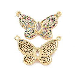 Colorful Brass Micro Pave Cubic Zirconia 2-Loop Pendants, Butterfly Charm, Golden, Colorful, 18x18x3mm, Hole: 1.2mm