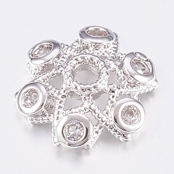 Platinum Brass Micro Pave Cubic Zirconia Bead Caps, Cadmium Free & Lead Free, 6-Petal, Clear, Platinum, 9.5x3mm, Hole: 1.5mm