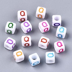 Letter Q Акриловые бусины, горизонтальное отверстие, куб с разноцветными буквами, letter.q, 6x6x6 мм, отверстие : 3 мм, Около 2600 шт / 500 г