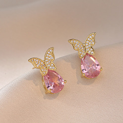 Роза 304 серьги-гвоздики из нержавеющей стали с микро-паве из стразов, бабочка со слезой, золотые, роза, 30 мм
