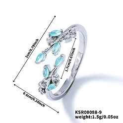 Бледно-бирюзовый Изысканные латунные кольца-манжеты в форме листьев ивы с кубическим цирконием для женщин, платина, бледные бирюзовая, внутренний диаметр: 17 мм