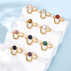 Настоящее золото 18K 304 регулируемые открытые манжеты из нержавеющей стали, Кольца из натуральных камней для женщин, овальные, ионное покрытие (ip), реальный 18 k позолоченный, 15 мм, внутренний диаметр: регулируемый