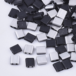 Platinum Plated FGB 2-Hole Glass Seed Beads, Half Platinum Plated & Frosted Colours, Square, Black, 5x4.5~5.5x2~2.5mm, Hole: 0.5~0.8mm, about 1180pcs/bag