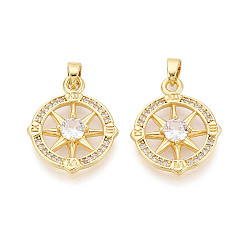 Настоящее золото 18K Латунные микропаве прозрачные подвески с фианитом, прелести компаса, реальный 18 k позолоченный, 20x17x3 мм, отверстие : 4.5x2.5 мм