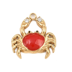 Crabe 304 acier inoxydable émail pendentifs, avec strass, or, charmes de crabe, 19x18x2.5mm, Trou: 1.7mm