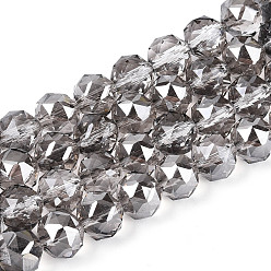 Темно-Серый Гальваническое покрытие прозрачных круглых стеклянных бусин в нитях, граненые, темно-серый, 7.5~8.5x7~7.5 мм, отверстие : 1.2~1.6 мм, около 25~26 шт / нитка, 6.89~7.48'' (17.5~19 см)