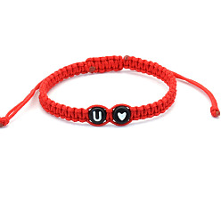 Letter U Бусины из смолы плетеные браслеты из бисера, регулируемые плетеные браслеты из полиэфирного шнура для мужчин и женщин, плоский круглый с буквой и сердцем, Буква U, 6.30~11.81 дюйм (16~30 см)