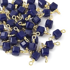 Полуночно-синий Стеклянные граненые кубические соединители подвески, с петлями из латунной проволоки, реальный 18 k позолоченный, стойки покрытие, долговечный, темно-синий, 12~14x4.5x4 мм, отверстие : 1.6 мм