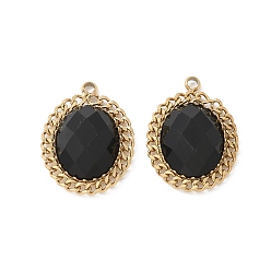 Настоящее золото 18K 304 подвески из нержавеющей стали, овальные, с черным агатом, ионное покрытие (ip), реальный 18 k позолоченный, 17.5x13.5x4 мм, отверстие : 1.6 мм