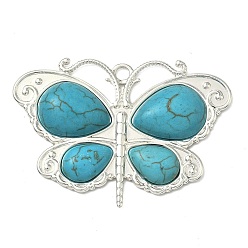 Бабочка Окрашенные синтетические бирюзовые подвески, с 304 установками из нержавеющей стали, серебряный цвет гальваническим, бабочка, 41x58x7 мм, отверстие : 3.5 мм
