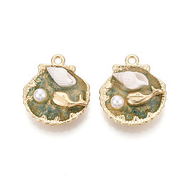 Темный Хаки Светящаяся стойка, покрытие из сплава, смолы и АБС-пластика, имитация жемчуга и фарфоровые подвески, подвески в форме ракушек, золотые, без кадмия, без никеля и без свинца, Темный хаки, 27.5x24x9 мм, отверстие : 2.2 мм