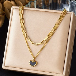 Сердце 304 Подвеска из нержавеющей стали с черной эмалью, двухслойное ожерелье для женщин, золотые, сердце, 15.75 дюйм (40 см), Кулон : 12 мм